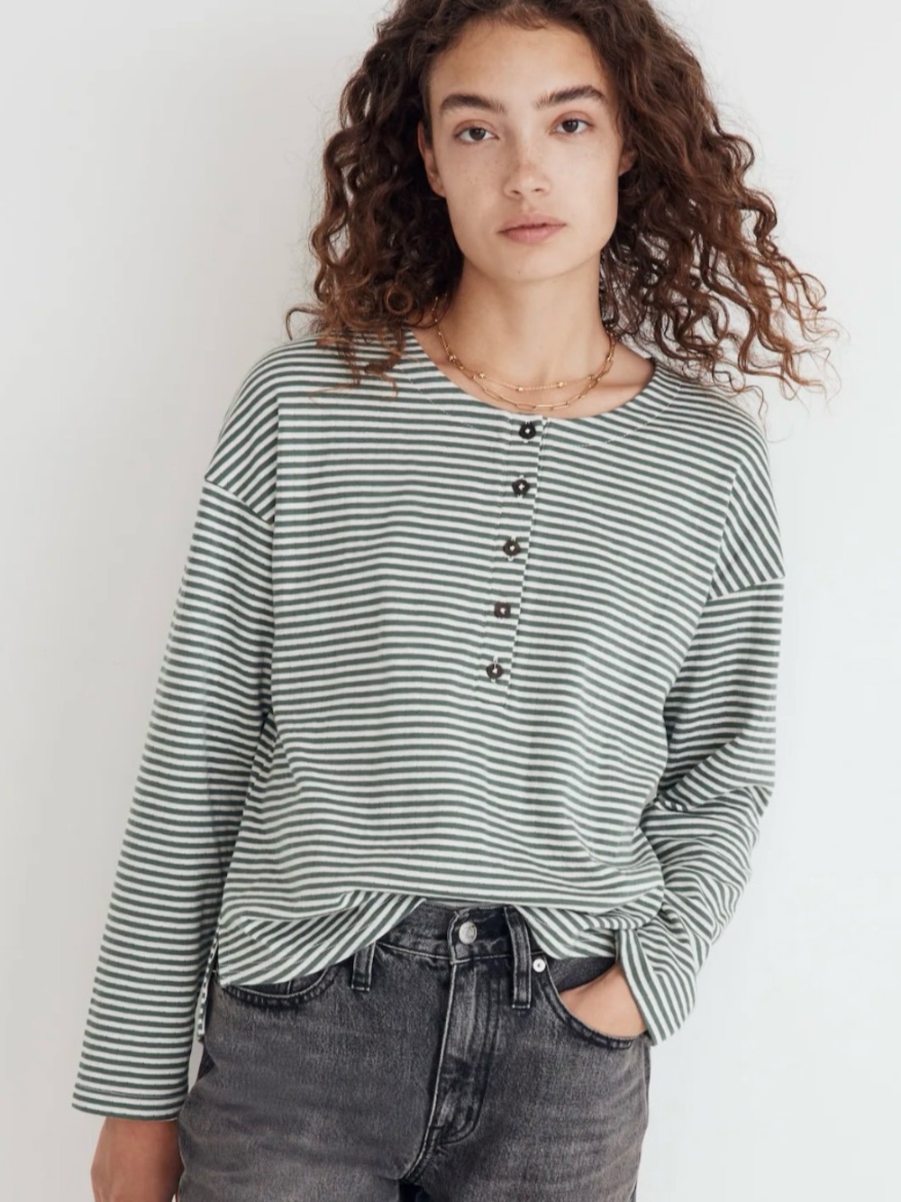 Madewell Double Faced Henley Tee in Stripe Long Sleeve Sage Green White XS NWOT